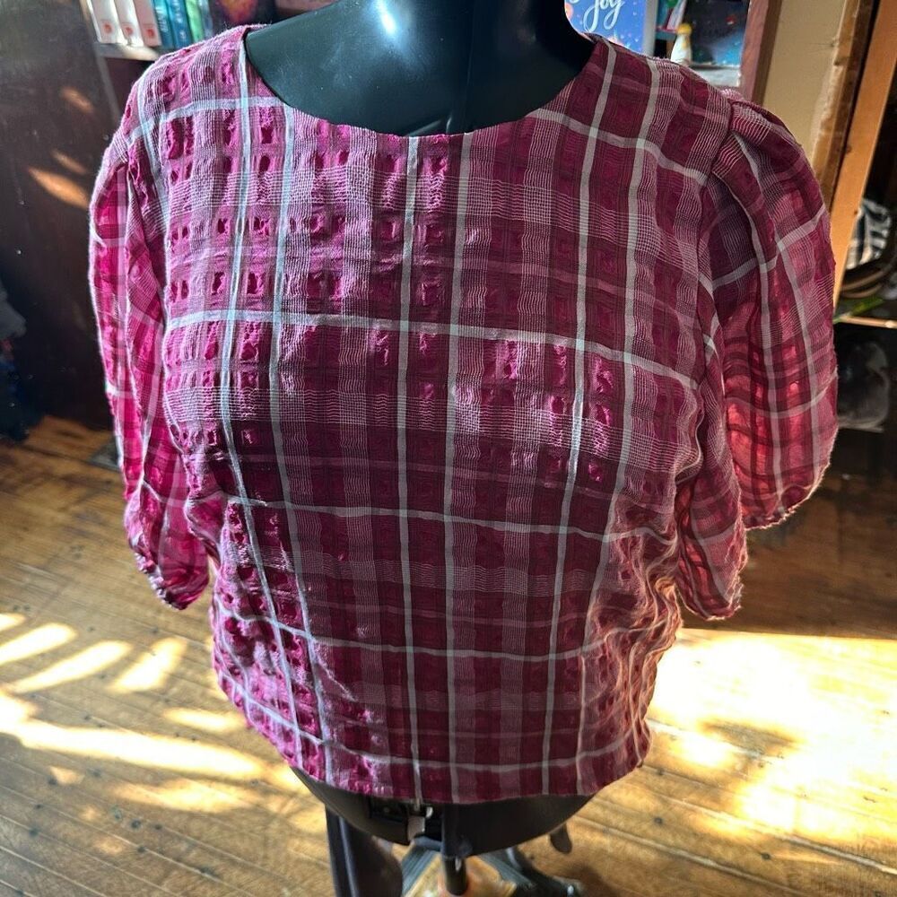 Madewell pink plaid semi sheer lined L puff sleeve blouse
